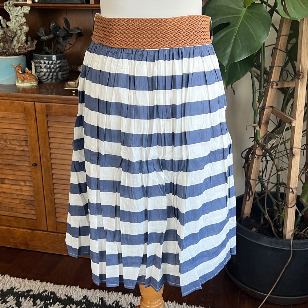 *Remain Knee Length Striped Blue & White Skirt with Brown Woven Wide Belt S - Picture 9 of 11